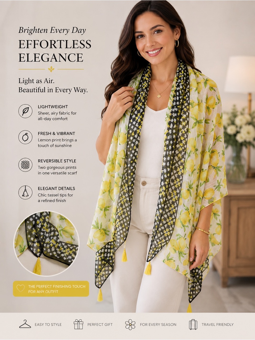 Reversible Lemon Print Lightweight Scarf Wrap - Yellow